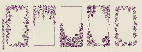 Floral corner and side border design, hand drawn wildflower edge graphics, rustic leaf and blossom doodles, organic botanical frame sketch set, bohemian nature aesthetic border elements, delicate gard