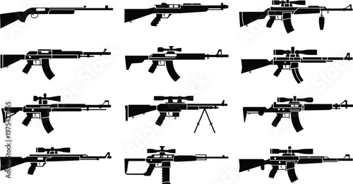 Assorted rifle silhouettes vector collection featuring modern assault firearms and tactical guns, detailed weapon icon set isolated on white background for military and defense design
