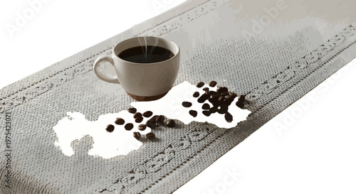 Coffee cup, coffee beans, spill, tablecloth, breakfast