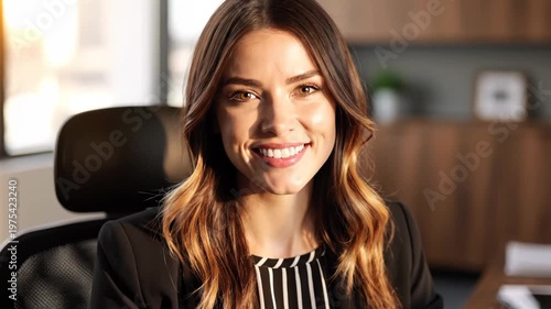 Business woman sitting at office desk.