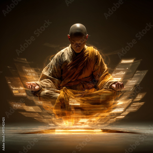 Meditating monk radiates calm energy. Golden light flows around him as he focuses inward. Books swirl in motion, symbolizing wisdom and knowledge. He sits serene, grounded by inner peace