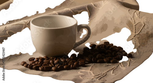 Coffee cup, roasted coffee beans, brown paper background, breakfast, morning drink
