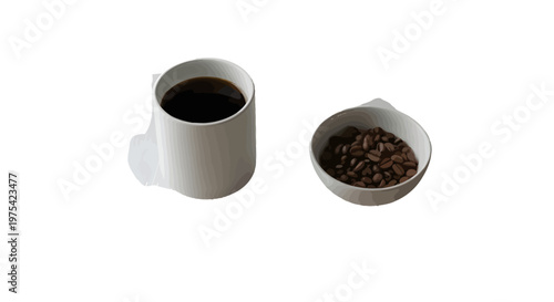 Coffee Mug and Beans, Dark Liquid, White Ceramic Cup, Coffee Break, Morning Drink