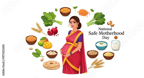 Against a clean white background, a vector illustration commemorates National Safe Motherhood Day, depicting a pregnant woman in traditional attire surrounded by nutritious food