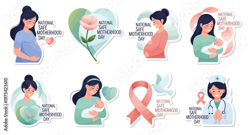 A set of maternal healthcare illustrations in vector format depicts National Safe Motherhood Day with expecting mothers, newborn babies, a pink ribbon, and a healthcare worker