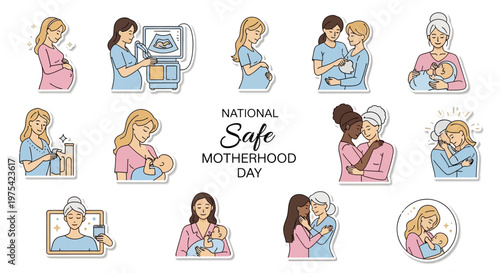 Line art illustrations in a flat lay composition showcase diverse mothers during National Safe Motherhood Day, emphasizing maternal health awareness and pregnancy care concepts