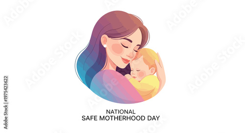 A gentle vector illustration commemorates National Safe Motherhood Day, depicting a serene mother tenderly holding her baby against a clean white background, rendered in soft, pastel colors