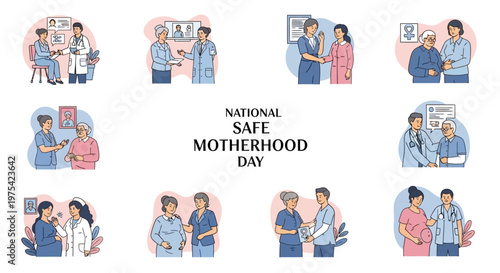 A collection of vector illustrations celebrates National Safe Motherhood Day, depicting various healthcare scenarios and maternity care, arranged against a clean white background in a flat