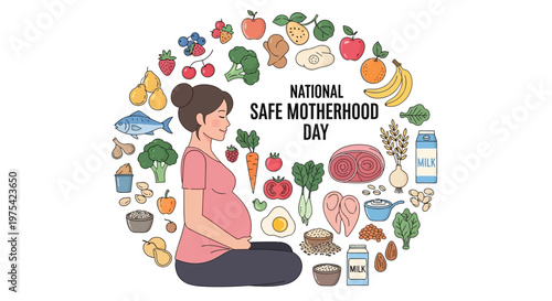 On National Safe Motherhood Day, a vector illustration features a pregnant woman in profile surrounded by nutritious food against a white background, promoting maternal health awareness