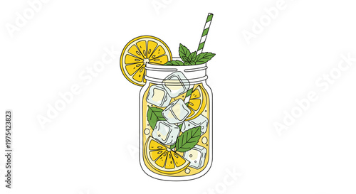 Refreshing jar of iced lemonade with lemon slices, mint leaves, and a striped straw is illustrated for summer drink and beverage concepts.