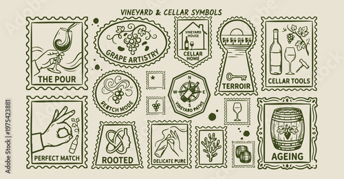Vineyard and wine symbols stamps, hand drawn grape and bottle sketches, vintage winery and cellar icons, wine tasting graphic elements, hand drawn sommelier and grape symbols, rustic vineyard aestheti