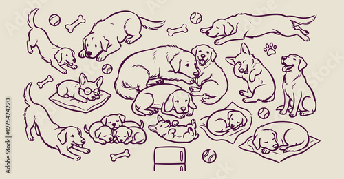 Sleeping and lazy dogs doodles, hand drawn canine nap sketches, whimsical puppies resting graphics, cute animal dreaming illustrations, humorous pet relaxation doodles, hand drawn dog sleeping positio