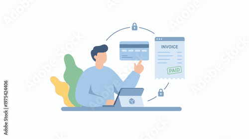 A man using a laptop for secure online financial payment and banking transactions. EPS Editable. Vector Illustrations.