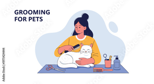 Caring woman brushes the fur of a relaxed white cat on a grooming table with various hair care tools and bottles in the foreground.