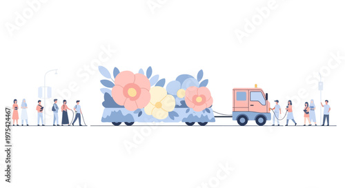 A colorful flower festival parade float with people walking alongside it. EPS Editable. Vector Illustrations.