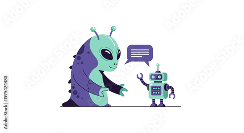 A cute cartoon alien communicating with a small friendly robot character. EPS Editable. Vector Illustrations.