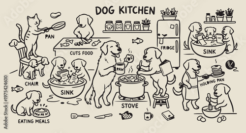 Dog chef cooking in kitchen doodles, hand drawn canine baker sketches, whimsical puppies with pots and pans graphics, cute animal culinary life illustrations, humorous pet restaurant doodles, hand dra