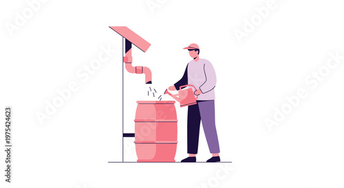 A gardener collecting rainwater in a barrel for plant care. EPS Editable. Vector Illustrations.