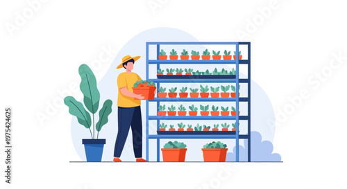 A gardener arranging small potted plants on a metal shelving unit in a greenhouse. EPS Editable. Vector Illustrations.