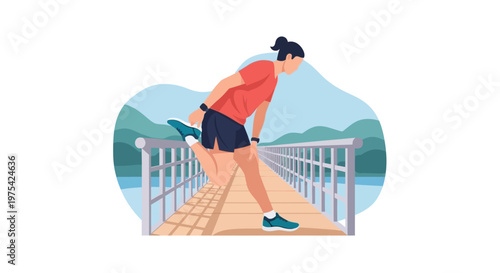 A male athlete stretching his leg on a bridge. EPS Editable. Vector Illustrations.