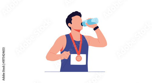A male athlete wearing a gold medal drinking water after a race. EPS Editable. Vector Illustrations.