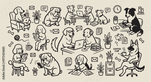 Professional dogs in office doodles, hand drawn canine business sketches, whimsical puppies at laptop graphics, cute animal workplace life illustrations, humorous pet corporate doodles, hand drawn dog