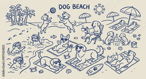 Happy dogs at beach doodles, hand drawn canine summer vacation sketches, whimsical puppies surfing graphics, cute animal tropical holiday illustrations, humorous pet seaside life doodles, hand drawn d