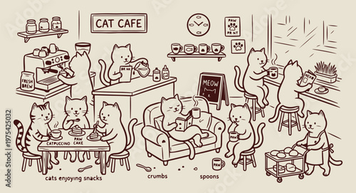 Cats at the cat cafe doodles, hand drawn feline barista sketches, whimsical kittens drinking coffee graphics, cute animal cafe life illustrations, humorous pet restaurant doodles, hand drawn kitty bak