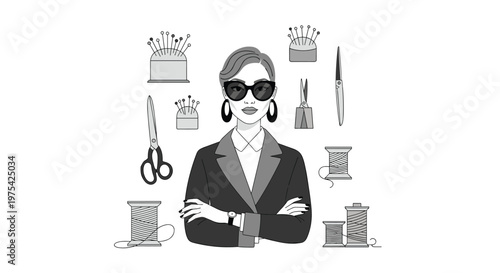 Professional fashion designer or tailor character surrounded by sewing tools like scissors and thread spools in monochrome style.