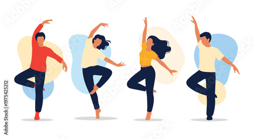 Group of diverse people practicing expressive dance or yoga poses against abstract colorful shapes on a clean white background.