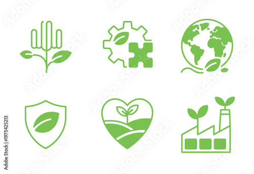 Ecology and green strategy monochrome icons with multi-purpose symbols featuring clean environmental elements such as leaves, recycling, energy, and sustainability concepts