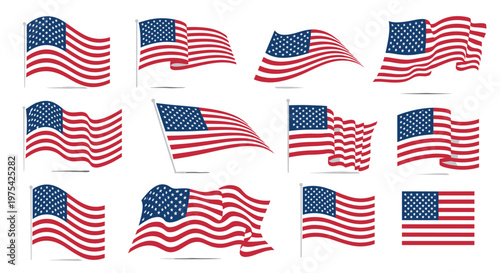 Set of multiple United States flags shown in different waving and flat positions representing American patriotism and pride.