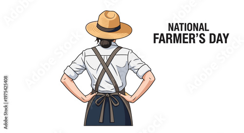 Back view illustration of a hardworking female farmer wearing a straw hat and an apron for national farmers day celebration.