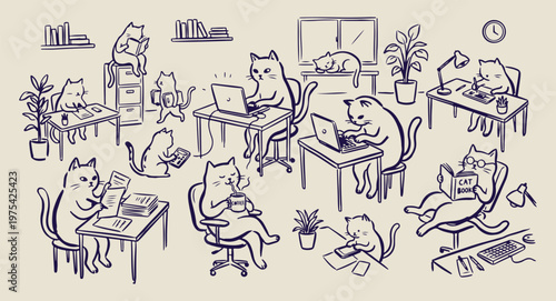 Funny cats working in office doodles, hand drawn professional feline characters, whimsical cats with laptops graphics, cute animal office life sketches, creative business cat illustrations, humorous p