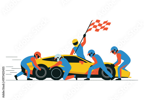 Pit crew servicing a race car during a race, changing tires and signaling, fast paced racing environment with mechanics at work