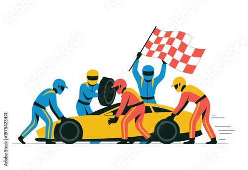 Pit crew servicing a race car during a race, changing tires and signaling, high speed  action scene, teamwork and precision concept