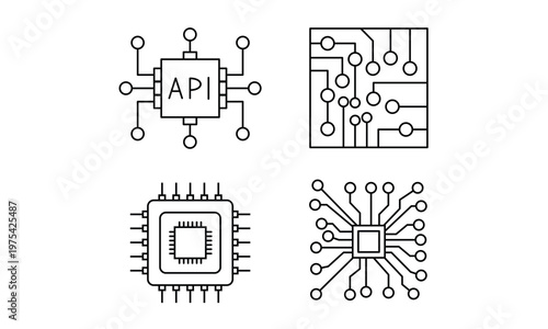 API Integration and CPU Circuit Microchip Icons for Software Development Programming Network Connection and Artificial Intelligence Infrastructure.Editable stroke.