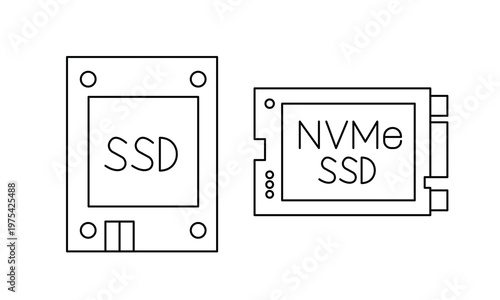 SSD and NVMe SSD Storage Drive Icons for High Speed Computer Memory Hardware Upgrade and Digital Data Storage Device Technology.Editable stroke.