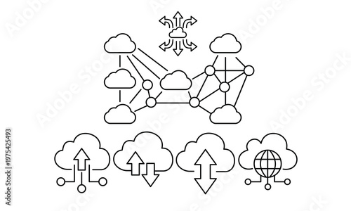 Cloud Computing Network and Global Data Transfer Icons for Server Infrastructure Connection Online Database and Web Hosting Service Technology.Editable stroke.