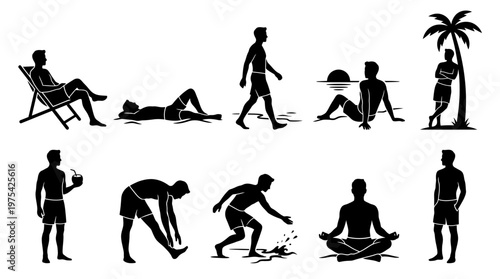 10 Man Relaxing on Beach Silhouette Vector Pack – Summer Lifestyle SVG Collection