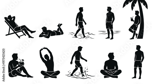 10 Man Relaxing on Beach Silhouette Vector Pack – Summer Lifestyle SVG Collection