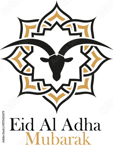 Eid Al Adha Mubarak Greeting Vector Illustration with Goat Head and Geometric Islamic Ornament