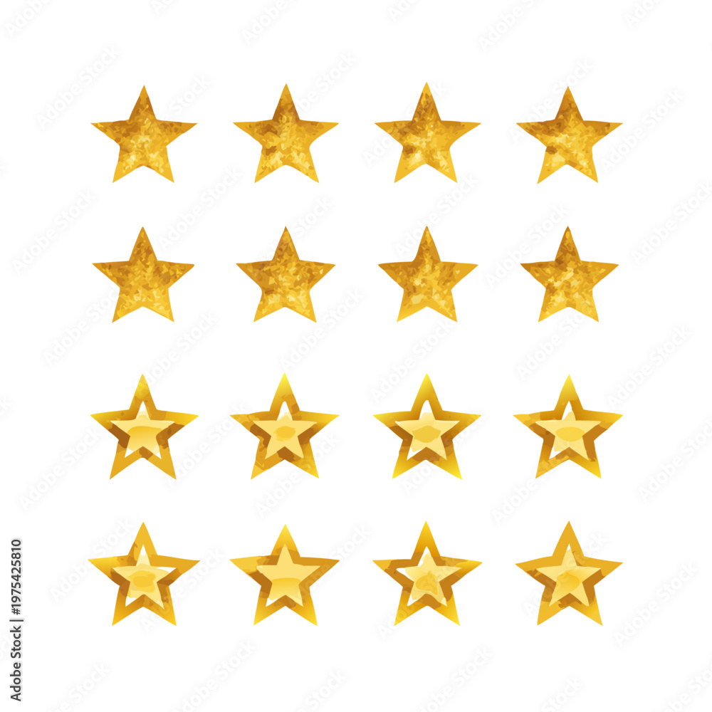 Fototapeta premium Collection of twelve gold star icons in various styles on white background