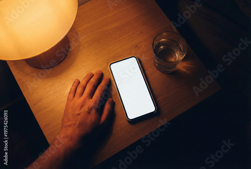 Hand reaching for a smartphone with a blank white screen on a