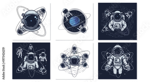A set of six vector illustrations celebrating the International Day of Human Space Flight, featuring astronauts floating in space with stylized orbits and stars against backgrounds