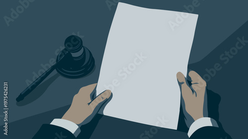 A person's hands hold a blank piece of paper with a gavel in the background, symbolizing legal or business proceedings