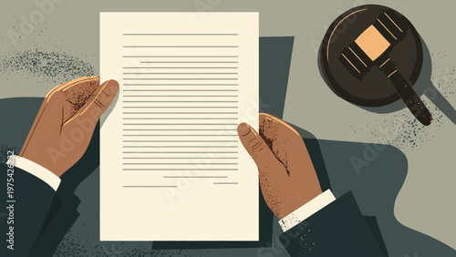 Top view of hands holding legal document with gavel on the side