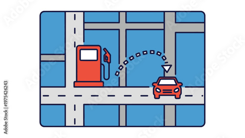 Car navigation system showing a route to a gas station on a digital map, illustrating fuel search and travel planning for vehicles.