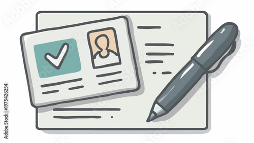 Clear doodle illustration representing the process of official document handling, featuring a personal identification card, an application form with text, and a writing pen