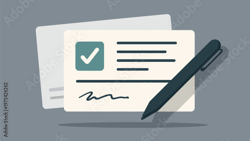 Document and pen illustration for administrative tasks, signing papers, and official verification